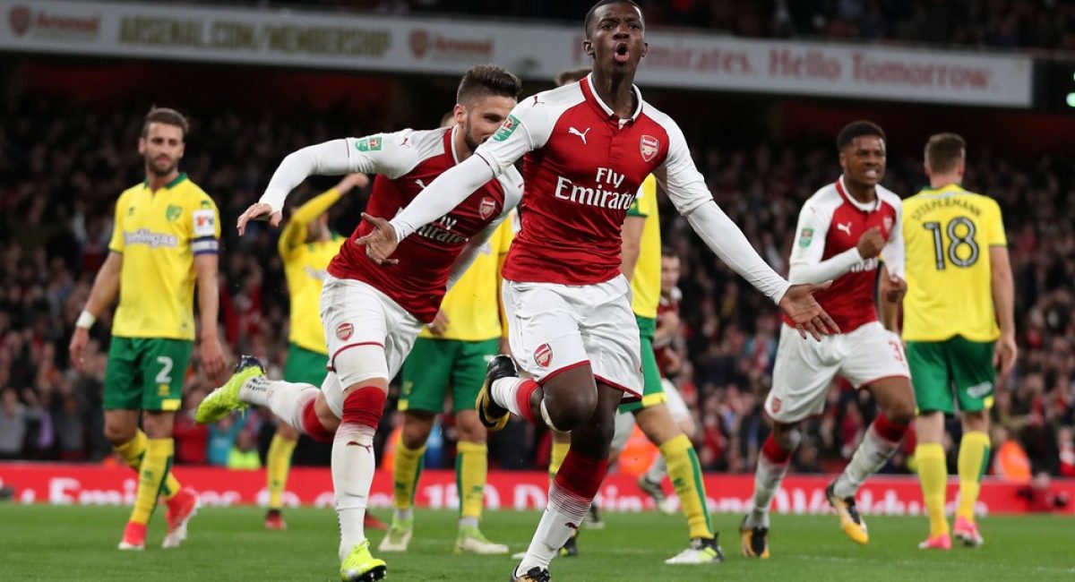 Soccer Football - Carabao Cup Fourth Round - Arsenal vs Norwich City - Emirates Stadium, London, Britain - October 24, 2017   Arsenal's Edward Nketiah celebrates scoring their first goal      Action Images via Reuters/Peter Cziborra  EDITORIAL USE ONLY. No use with unauthorized audio, video, data, fixture lists, club/league logos or "live" services. Online in-match use limited to 75 images, no video emulation. No use in betting, games or single club/league/player publications.  Please contact your account representative for further details.
